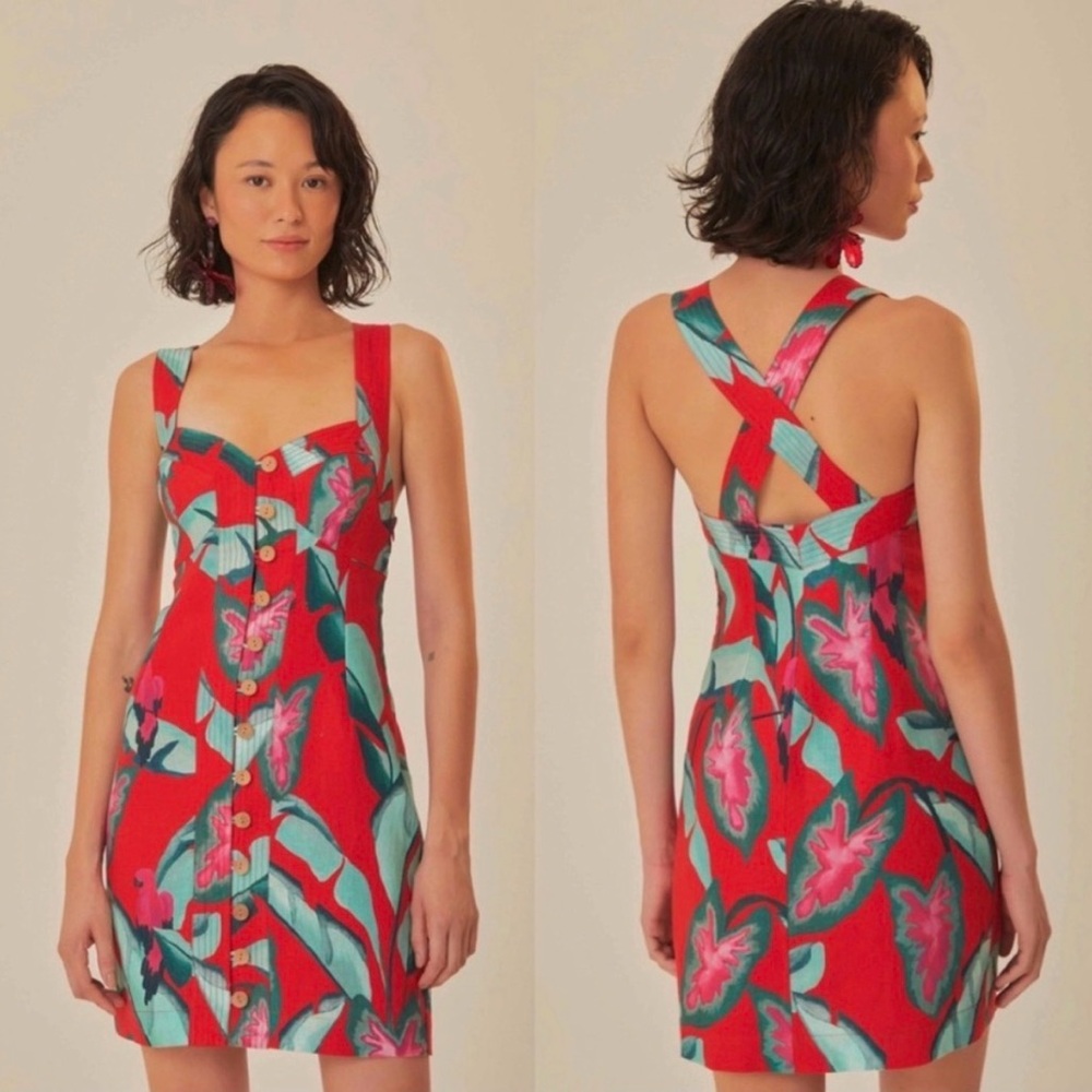 Farm Rio Red Tropical Foliage Button Front Mini Dress – Size Medium - Picture 1 of 4